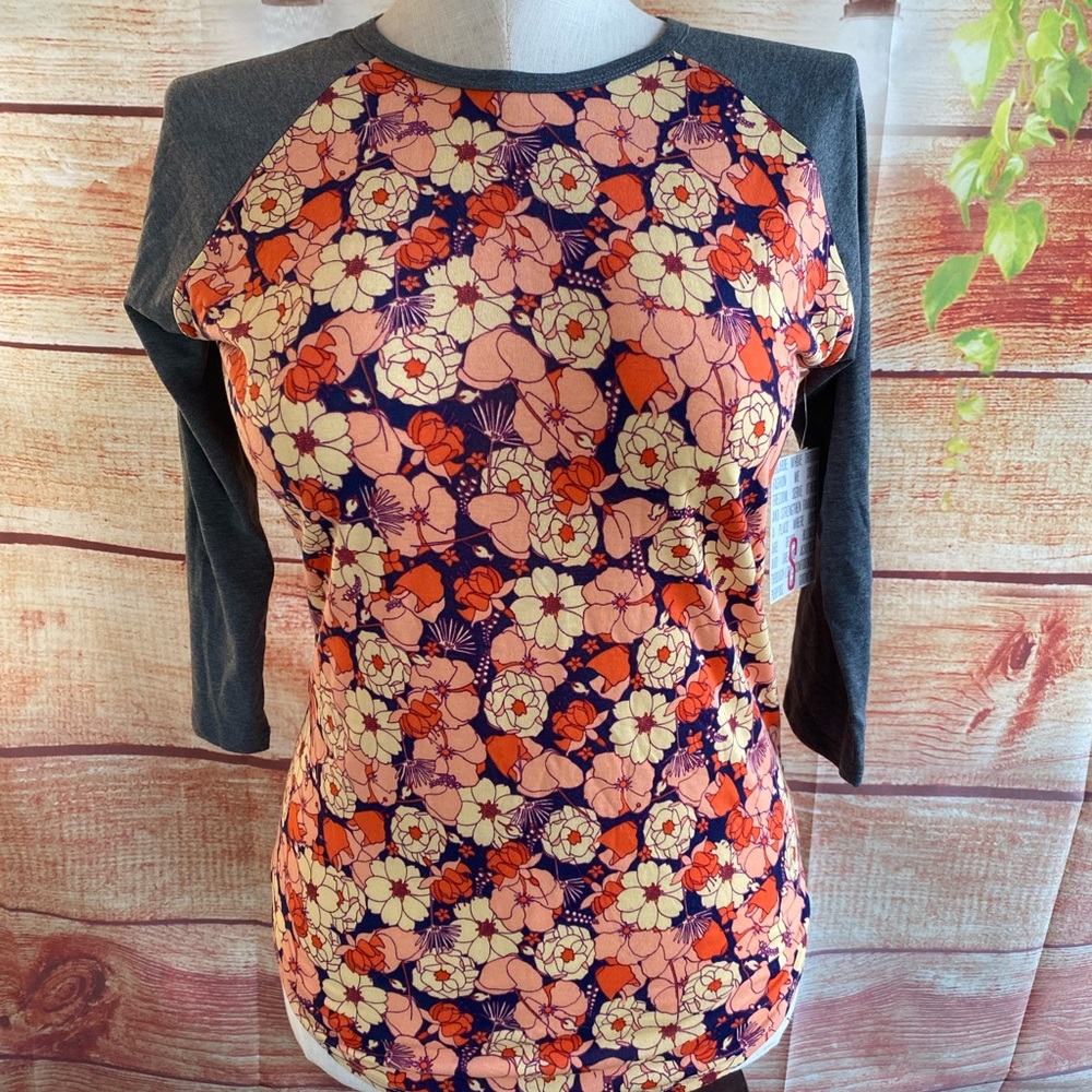 LuLaRoe Randy Floral Top - Orange, Pink, and Cream with Gray 3/4 Sleeves NWT